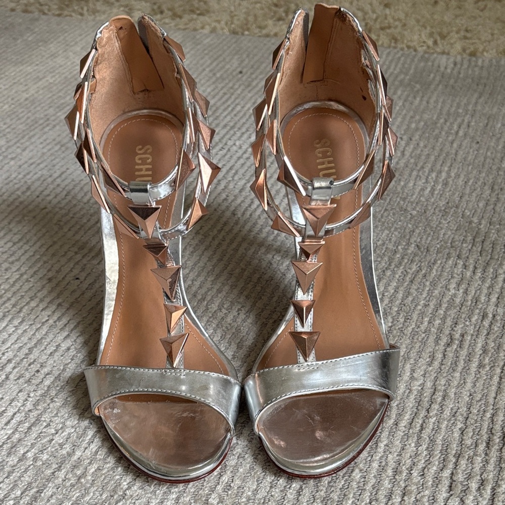 Schutz Metallic Silver/bronze T-strap Heels